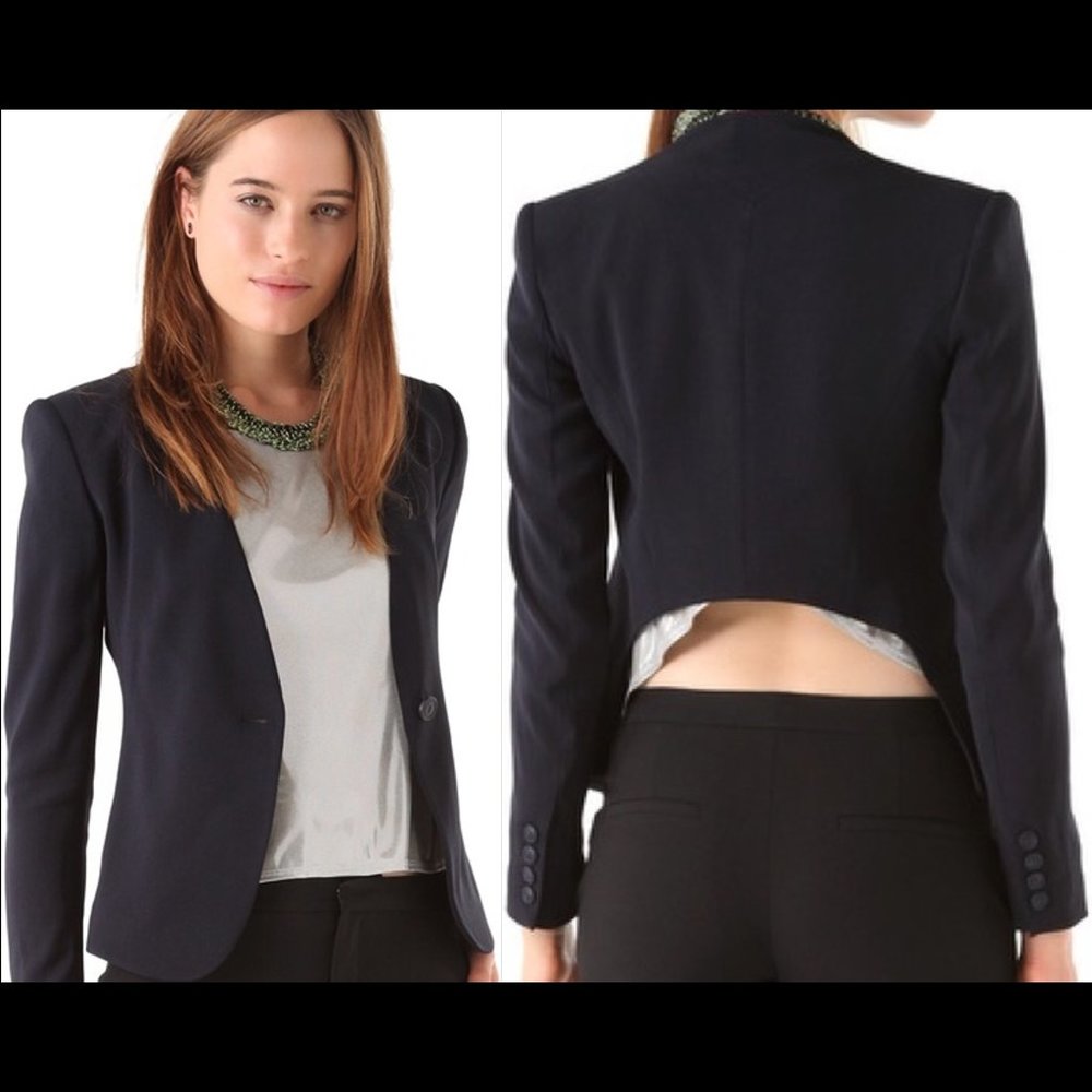 New Theyskens' Theory padded shoulder high low crop back structured blazer